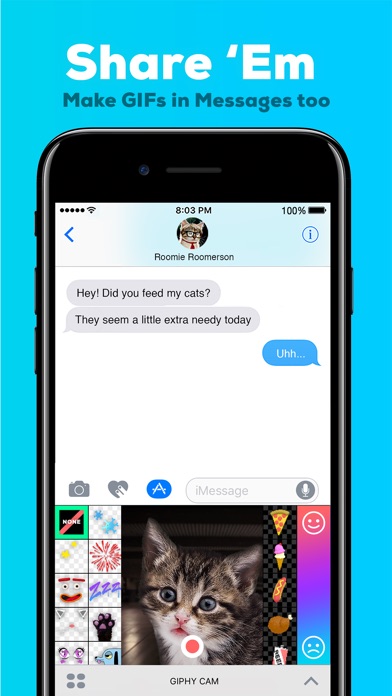Screenshots of GIPHY Cam. The GIF Creator for iPhone