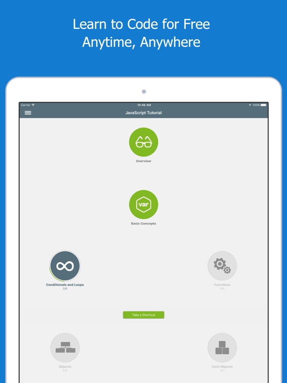 Screenshots of Learn JavaScript for iPad