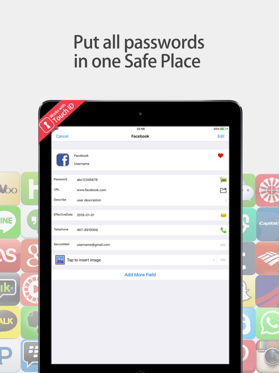 Screenshots of Private Password Manager Vault - Fingerprint Lock Passcode.s & Protect Account Login Contact.s Secure Wallet Apps for iPad