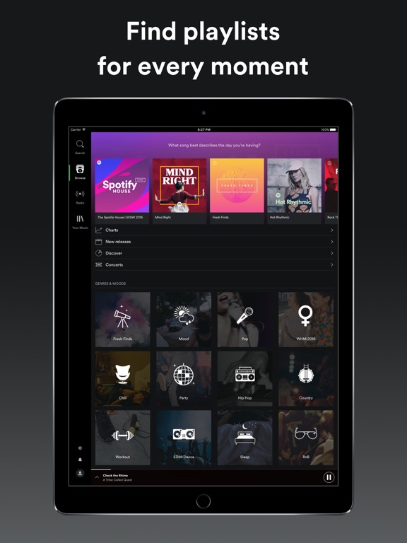 Screenshots of Spotify Music for iPad