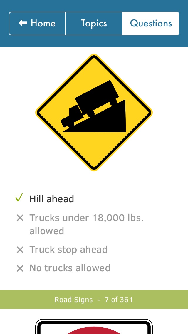 Screenshots of US Driving Knowledge Test Questions - Preparation for your Driver's License Written Exam - All States - DMV, DOL, or MVC - Free Drivers' Mock Tests for iPhone