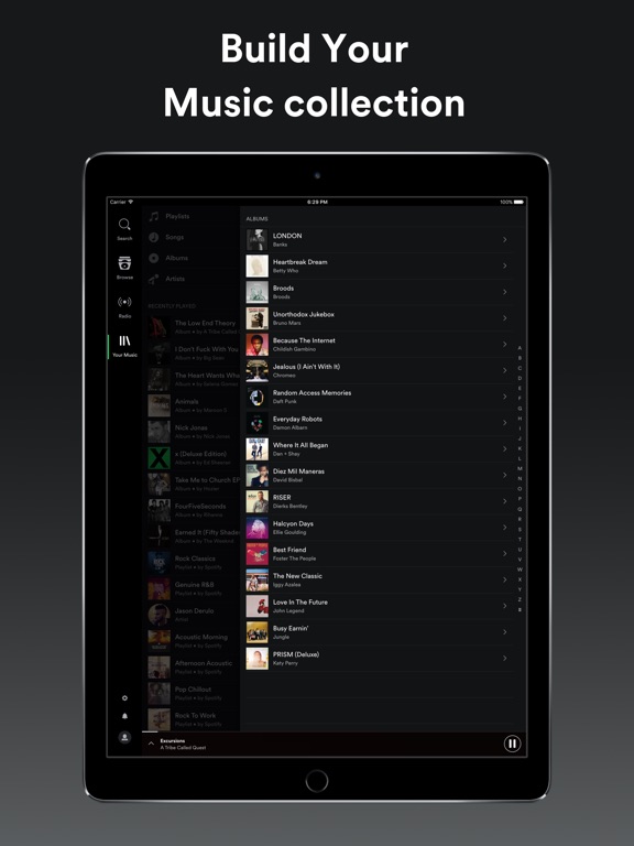 Screenshots of Spotify Music for iPad