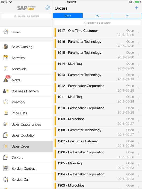 Screenshots of SAP Business One for iPad